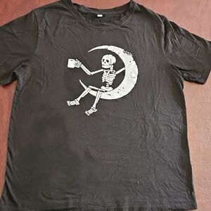 Black Cotton Graphic Tee with Skeleton With Coffee Design